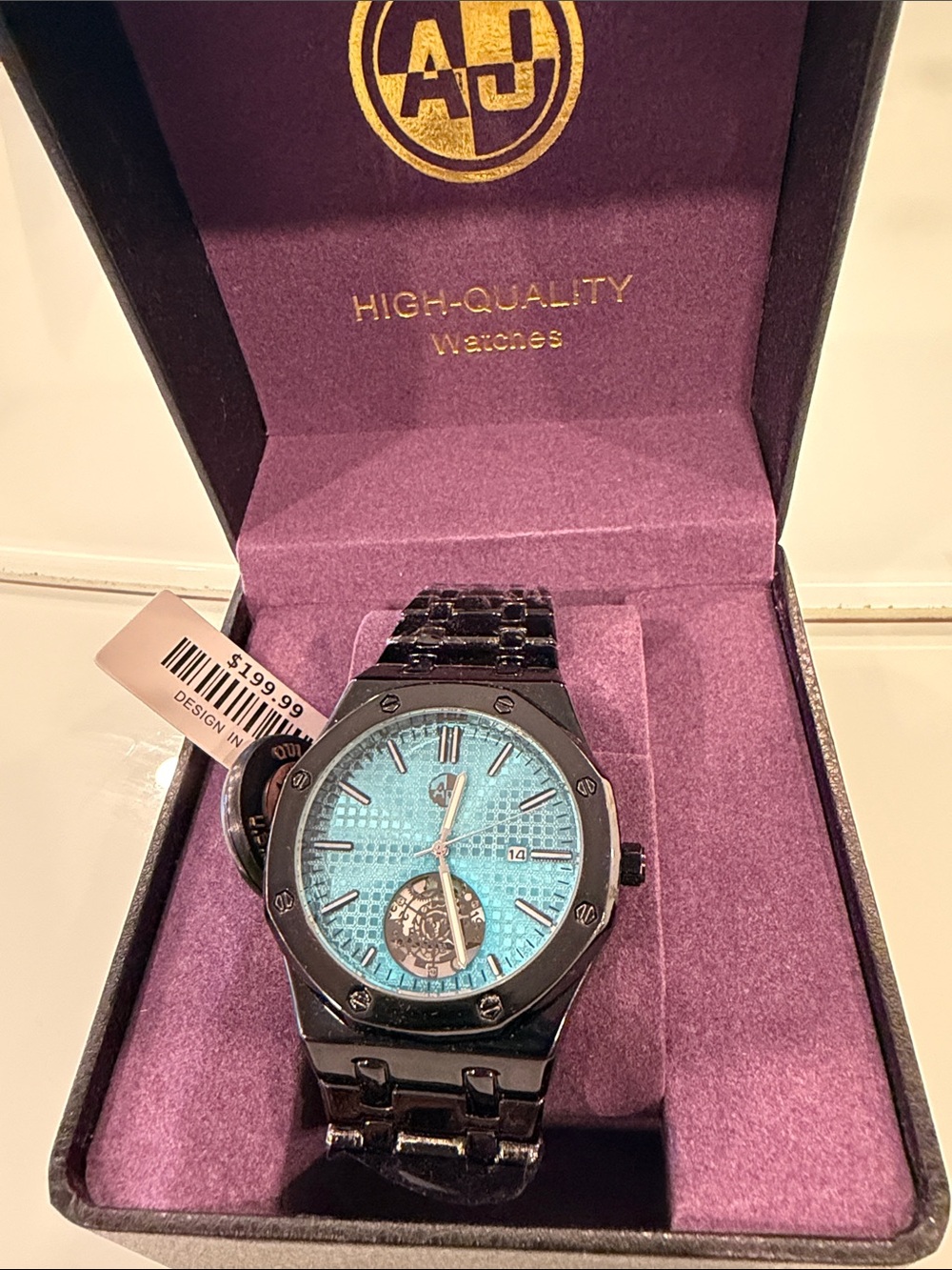 High-Quality Men’s Black Watch with Turquoise Dial